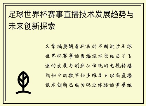 足球世界杯赛事直播技术发展趋势与未来创新探索