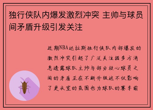 独行侠队内爆发激烈冲突 主帅与球员间矛盾升级引发关注