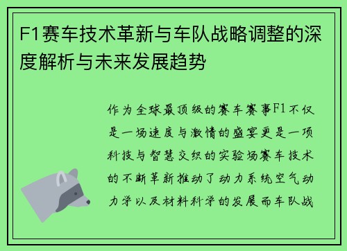 F1赛车技术革新与车队战略调整的深度解析与未来发展趋势