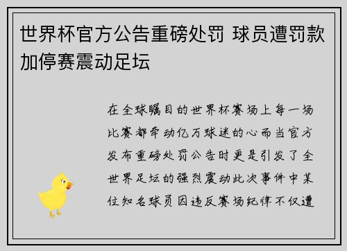 世界杯官方公告重磅处罚 球员遭罚款加停赛震动足坛
